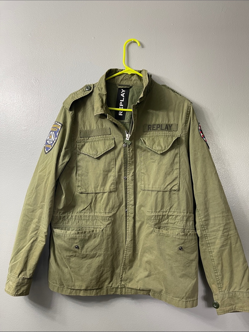 REPLAY Field Jacket Mens  Medium Green Badge Embroidered Logo Pockets